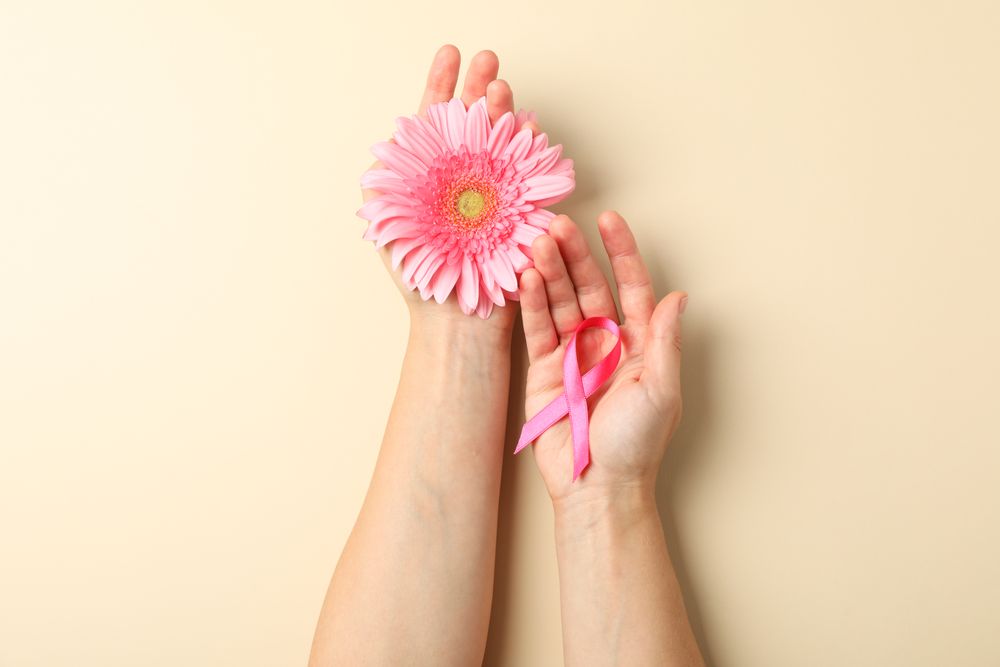Female hands hold pink awareness ribbon and gerbera on color background