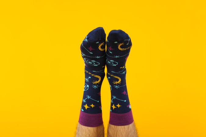 Concept of clothes for legs - socks, socks on male legs