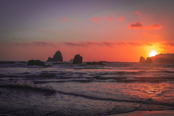 Bright beautiful orange sunset in the pacific north west coast