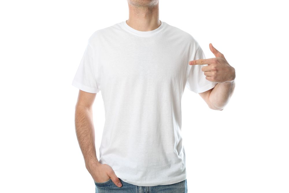 Men in blank t-shirt isolated on plain background, space for text
