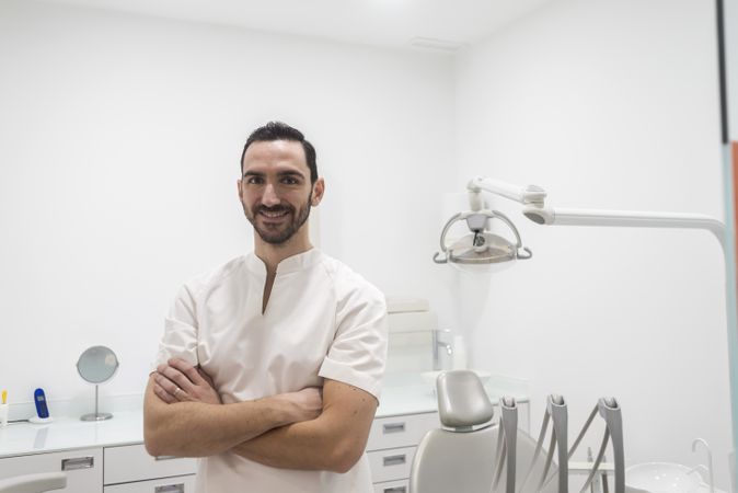 Portrait of a confident male dentist posing in his clinic with arms crossed