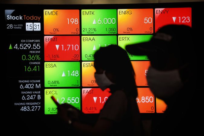 Two people with facemasks standing beside Indonesian stock market screen