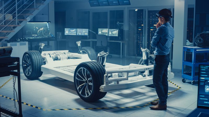 Automotive Engineer Working on Electric Car Chassis Platform, Using Augmented Reality Headset.