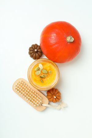 Concept of different cosmetic products, Pumpkin cosmetics, top view