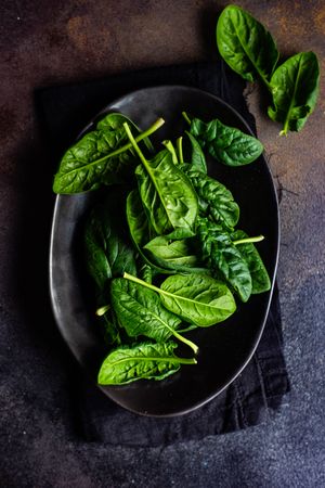 Organic food concept with fresh spinach on dark plate