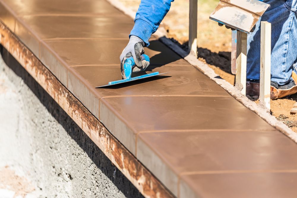 Construction Worker Using Trowel On Wet Cement Forming Coping Around New Pool