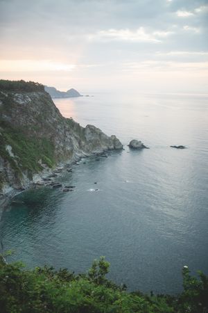 Scenic rocky seascape during sunset