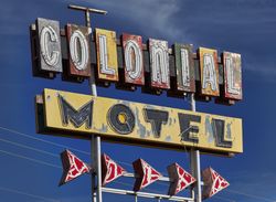 A well-worn neon sign for the Golden Desert Motel on historic U.S. Route 66 5wpy14