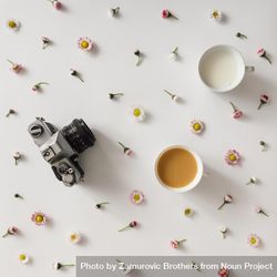 Vintage camera on light background with colorful flowers and cup of coffee and milk 4Mley5