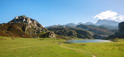 Valley with lake between mountains
