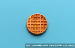 Round waffle directly above view, isolated on a blue background 5oDgl9