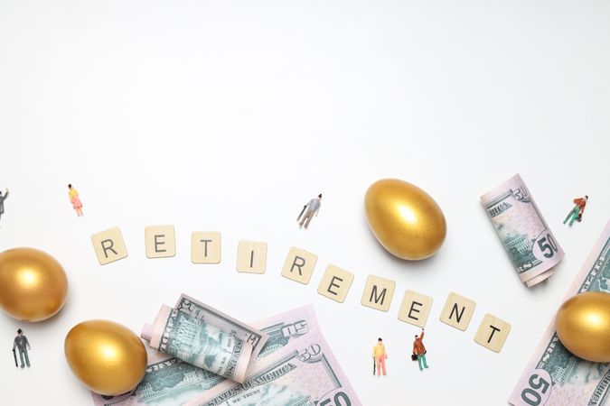 Golden eggs, pension savings, investments, retirement, space for text
