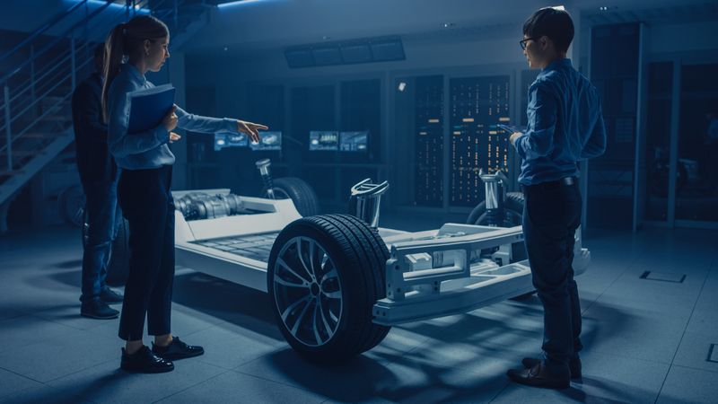 Automobile Engineers Working on Electric Car Platform Chassis, Using Tablet Computers with CAD Software