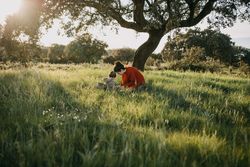 Mother and son together in a park