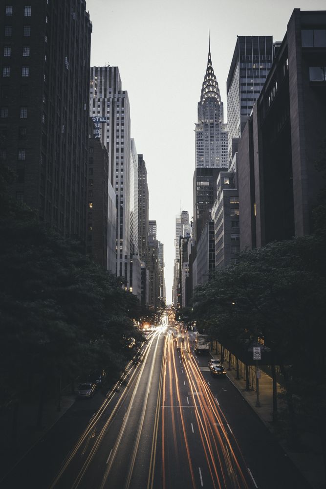 Top view of car lights on the road in Manhattan, NYC