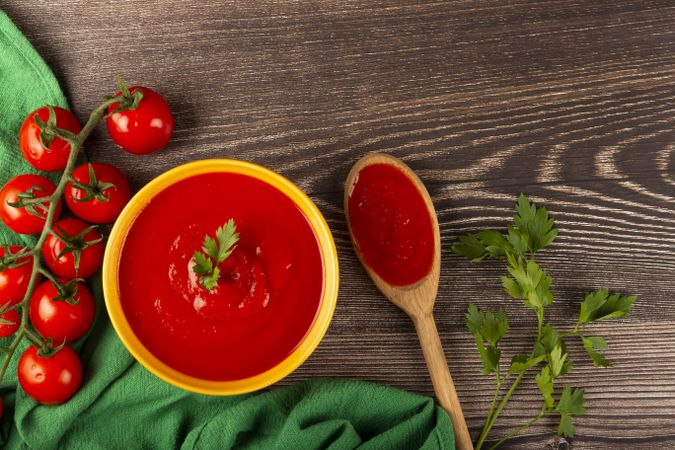 Delicious homemade tomato soup in bowl.