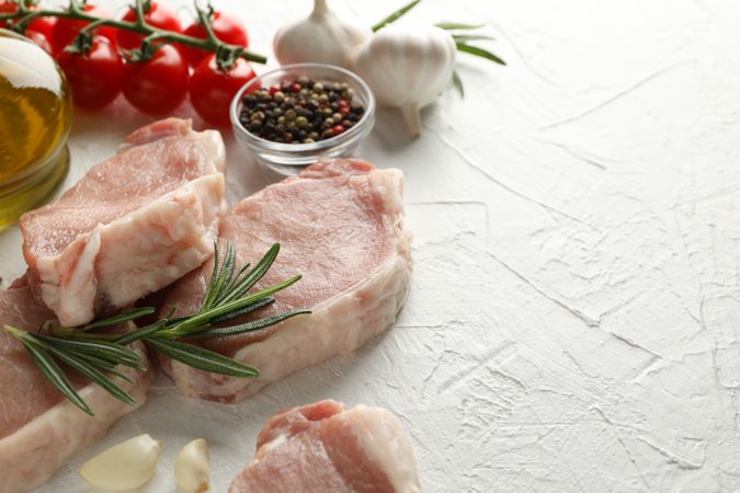 Composition with raw meat and ingredients. Cooking steak concept