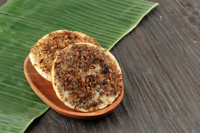 Surabi oncom, Indonesian pancake with fermented soybean, with space for text