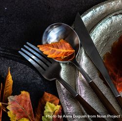 Close up of cutlery on ceramic tableware with autumn leaves 0g3AX0