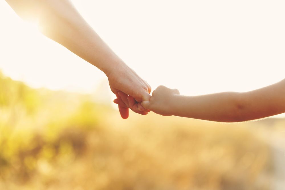 Adult and child holding hands with meadow in background