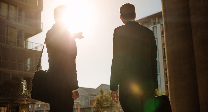 Businessman pointing towards something to colleague standing on street