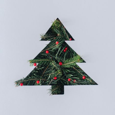 Holiday tree cut out of paper with pine background