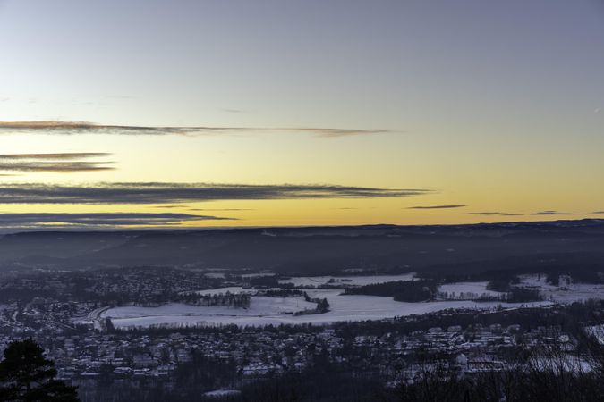 View of Oslo, Norway at dusk in wintertime