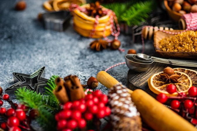 Warm Christmas spices for mulled wine on counter