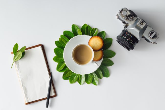 Morning coffee and green leaves in flower shape on light background