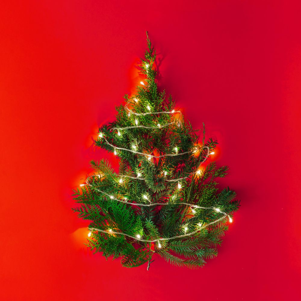 Christmas tree with lights on red table top
