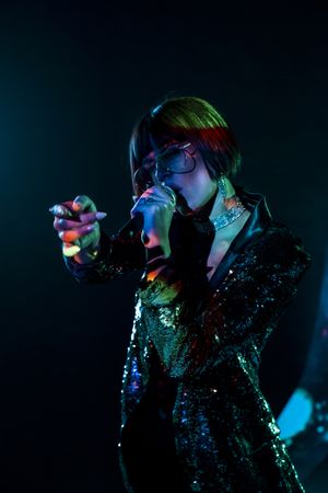 Stylish woman singing on stage