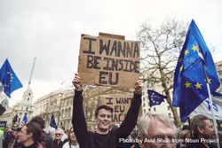 London, England, United Kingdom - March 23rd, 2019: Man holds funny protest sign with innuendo 5lVweb