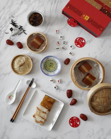 Top view of Chinese New Year cakes and food styling