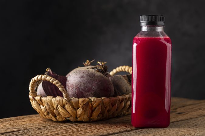 Red beet juice in plastic bottle.