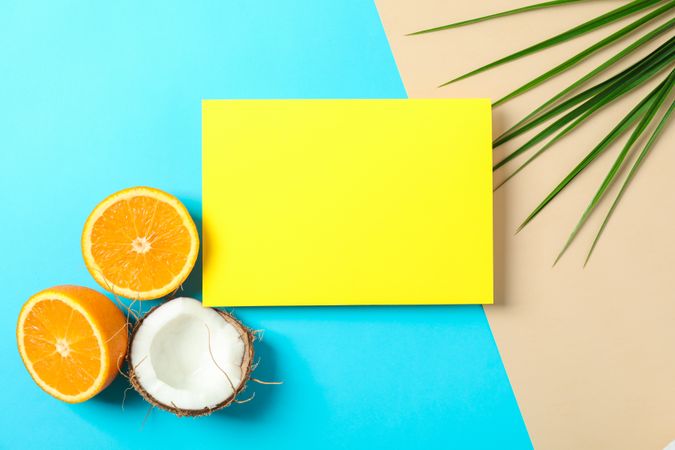 Oranges, coconut, palm leaves and square with space for text on two tone background. Summer vacation