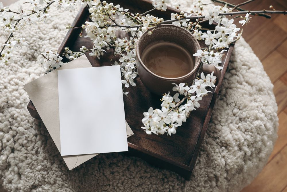 Greeting card mockup, cup of coffee