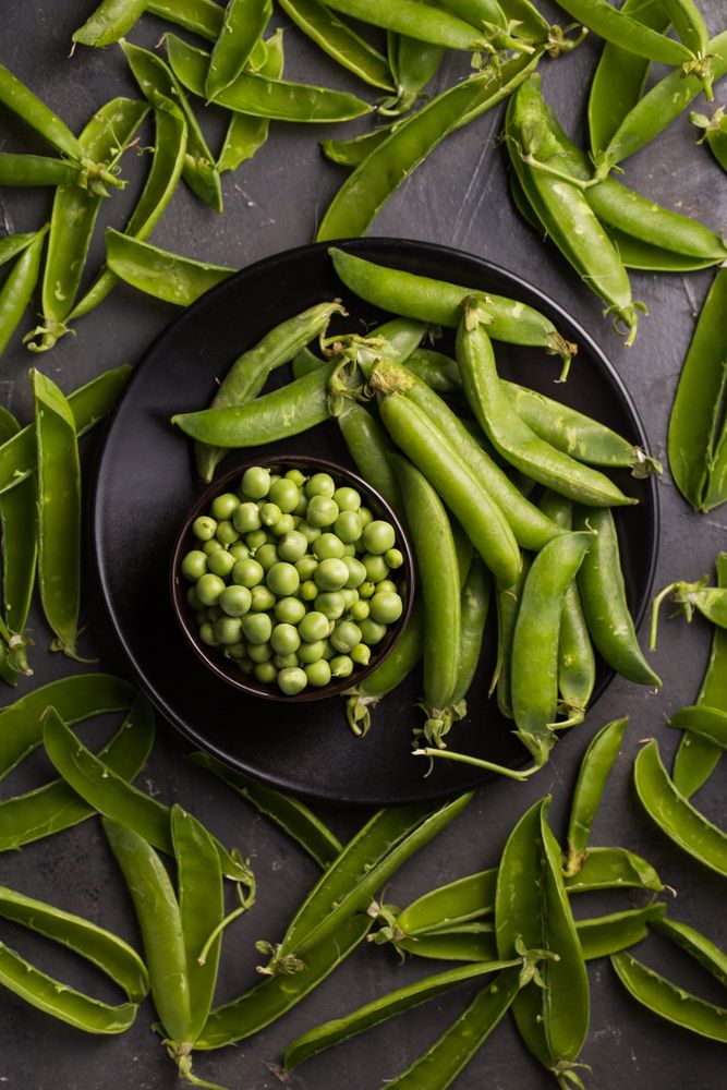 Fresh peas and pea pods on dark background