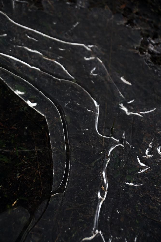 Fragment of thin ice on dark frozen river