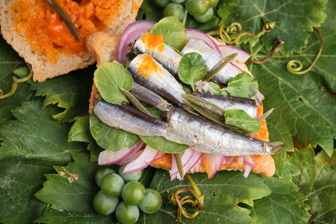 Traditional harvest sandwich half opened with fish, meat and dif