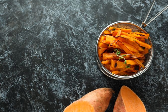 Concept of tasty food - sweet potato fries