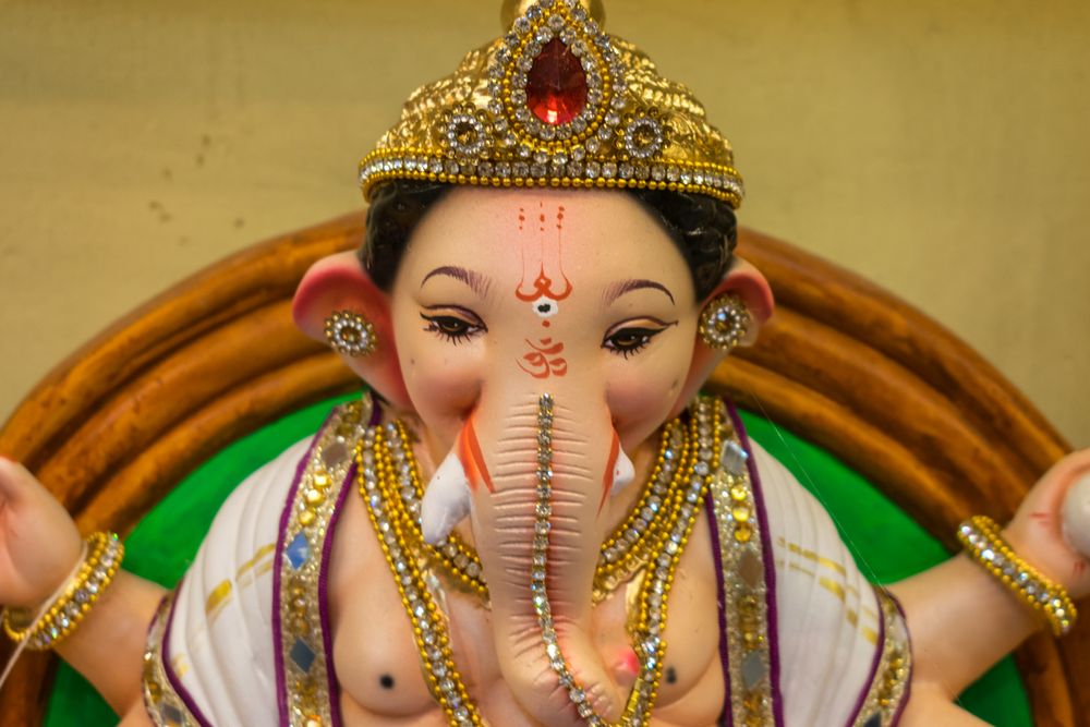 A beautiful idol of Lord Ganpati on display at a workshop in Mumbai, India for the festival of Ganesh Chaturthi