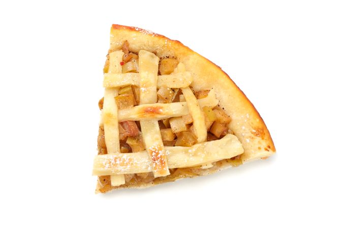 Piece of tasty apple pie isolated on neutral background. Homemade food