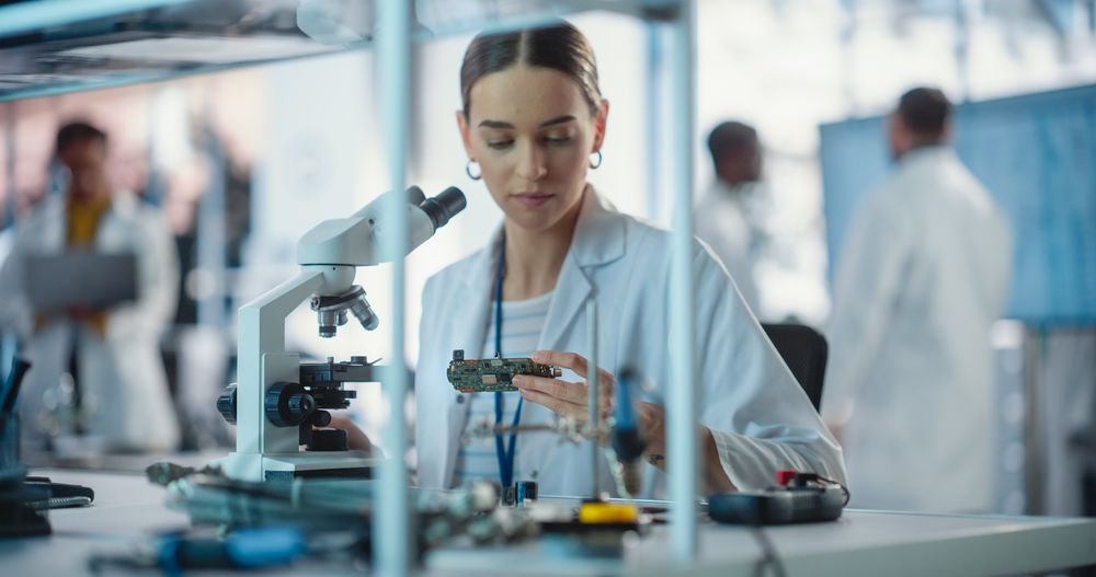 Female Specialist Checking on Electronic Circuit Using Microscope While Project Managers Discuss Manufacturing Using Laptop Computer