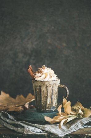 Mug of warm drink topped with whipped cream and cinnamon sticks, copy space