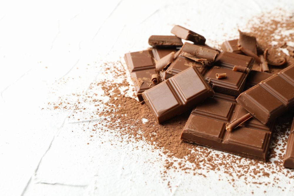 Tasty chocolate and powder on blank background. Sweet food