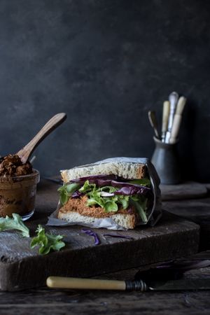 Sandwich with vegetables and dry tomatoes pate on tray