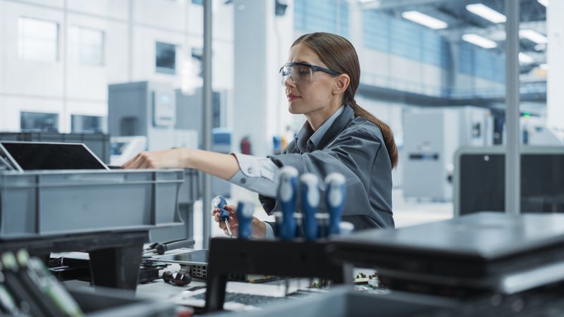 Female Worker Disassembling Old Laptops To Recycle Electronic Components For Sustainable Production At an Electronics Factory.