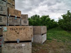 Fruit boxes beside an orchard in the little town of Monitor, Washington 56GxV4
