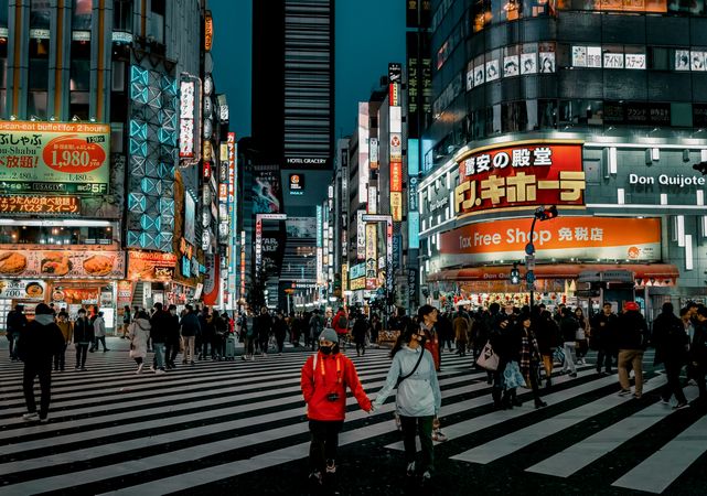 People walking on pedestrian lane in Japan at night
