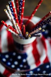 Close up of American flag plates, napkins and straws for July 4th 0WOk36